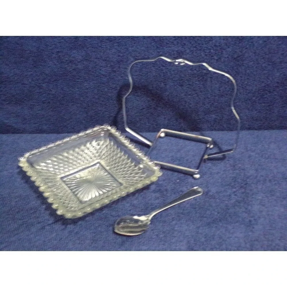 Vintage 3 Piece Square‎ Diamond Glass Jelly Relish Dish Hanging Metal Spoon Rack